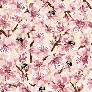 Pink Cherry Blossom Flowers and Bumble Bees, Pink and White Spring Floral, Natures Busy Little Pollinators, Scattered Flower Pattern on Creamy Yellow