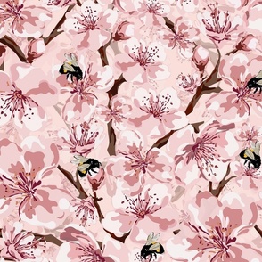 Bumble Bees and Blossom Trees, Pretty Pink Floral, Natures Little Pollinators at Work, Scattered Flower Pattern on Shades of Pink and White