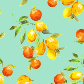 Lemons and Oranges on Blue Background