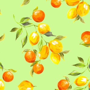 Lemons and Oranges on Green Background