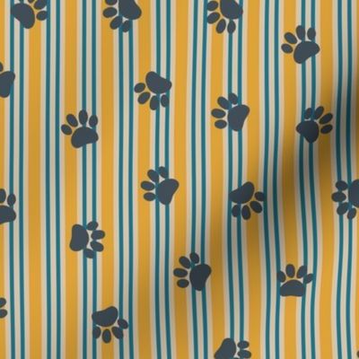 Pet Cat Paw Prints on Yellow Blue Vertical Stripes