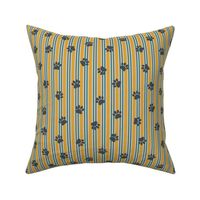 Pet Cat Paw Prints on Yellow Blue Vertical Stripes