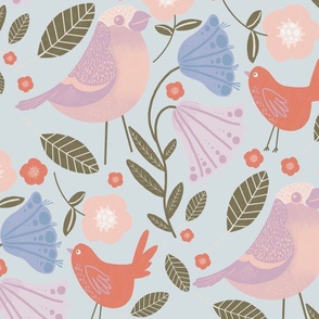 Floral chirp and tweet on plain light blue