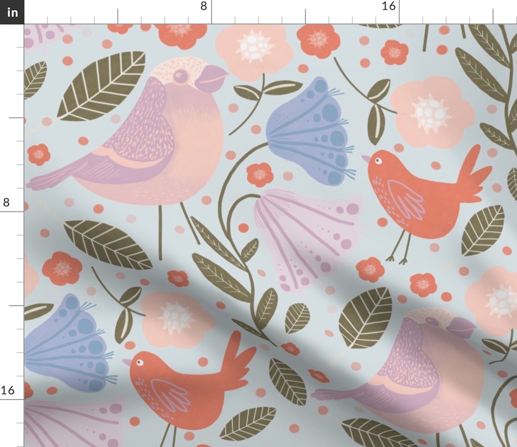 Floral chirp and tweet on blue - large