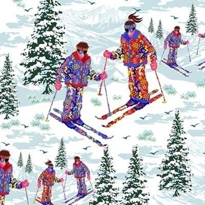 Snowy Mountain Ski Field, Retro Winter Holiday, Snow Sports Alpine Mountains Ski Slopes, 80s Retro Skiing Snow Suit Pattern (Medium Scale)