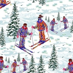 Vintage Winter Holiday Snowy Mountain Skiers Field, Snow Sports Alpine Mountains Ski Slopes, 80s Retro Skiing Snow Suit Pattern (Small Scale)