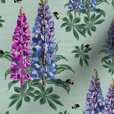 Summer Flowers and Flying Bees on Cottage Garden Muted Teal Linen Texture, Flying Bumblebees on Purple Lupine Pink Lupin Floral Pattern (Small Scale)