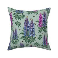 Summer Flowers and Flying Bees on Cottage Garden Muted Teal Linen Texture, Flying Bumblebees on Purple Lupine Pink Lupin Floral Pattern (Small Scale)