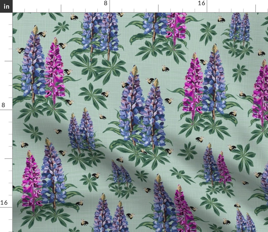 Summer Flowers and Flying Bees on Cottage Garden Muted Teal Linen Texture, Flying Bumblebees on Purple Lupine Pink Lupin Floral Pattern (Small Scale)