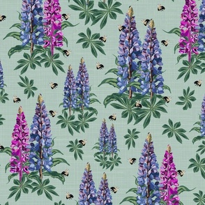 Bee Garden and Wild Flowers on Cottage Garden Muted Teal Linen Texture, Flying Bumblebees on Purple Lupine Pink Lupin Floral Pattern (Medium Scale)