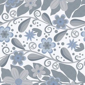 Tea Towel with ogee style florals in blue and gray hues