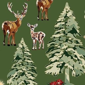 Vintage Christmas Holiday Decor, Retro Reindeer Winter Wonderland, Green Christmas Trees, Gold Stars, Poinsettia Holiday Gift (Medium Scale)