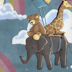 (large) bookish wallpaper for kids children teddy elephant giraffe rainbow blue