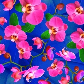 Pink Orchid Flowers, Colorful Botanic Garden Leafy Floral Blue Pattern, Vibrant Wallpaper (Small Scale)