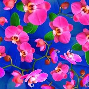 Tropical Pink Orchid Flowers, Lush Botanic Garden Leafy Floral Blue Pattern, Vibrant Wallpaper (Large Scale)
