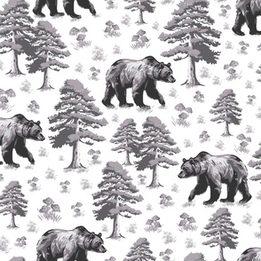 Black and White Bear Forest Toile, Bears in Pine Tree Woods Foraging Small WildFlowers and Toadstools (Large Scale)