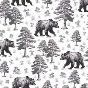 Bear in Pine Tree Woods Foraging Small WildFlowers and Toadstools, Black and White Bear Forest Toile (Small Scale)