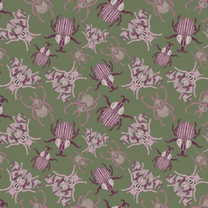 Doodle pink and violet Bug Trio - green background SMALL
