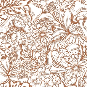 Flowers And Mushrooms Lineart half drop brown lineart