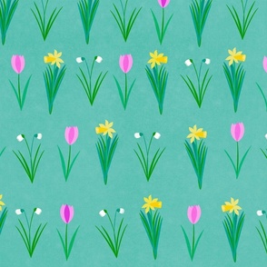 Tulips, Daffodils (Narcissus) and Snowdrops on green 