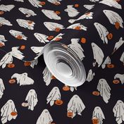 Trick or treating sheet ghosts on charcoal, medium scale,  8 inch repeat