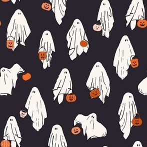 Trick or treating sheet ghosts on charcoal, medium scale,  8 inch repeat
