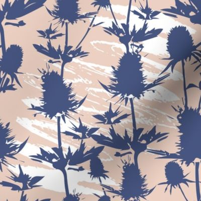Blue thistle on pink texture background