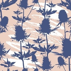Blue thistle on pink texture background