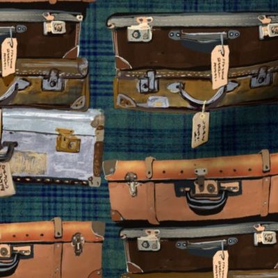 Painterly handdrawn vintage 1940s  suitcase, luggage, bags, portmanteau, chest, valise, travelling bag  stack on deep blue plaid 12” repeat