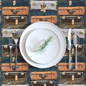 Painterly handdrawn vintage 1940s  suitcase, luggage, bags, portmanteau, chest, valise, travelling bag  stack on deep blue plaid 12” repeat