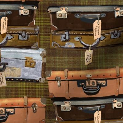 Painterly handdrawn vintage 1940s  suitcase, luggage, bags, portmanteau, chest, valise, travelling bag  stack on deep khaki green plaid 12” repeat