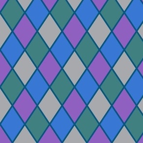 Harlequin Pattern in Shades of Purple, Green, Blue and Gray with Repeat of about 3 Inches
