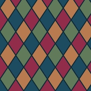 Green, Teal, Red and Gold Diamonds in Harlequin Pattern in Almost 3” Repeat