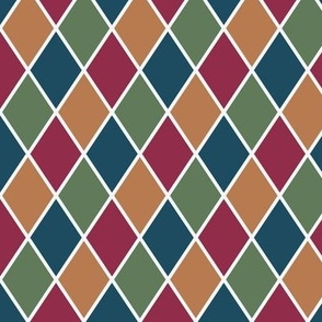 Green, Teal, Red and Gold Diamonds in Harlequin Pattern in Almost 3” Repeat