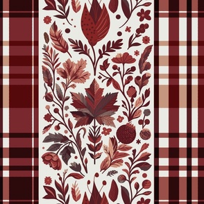 Country Elegance with stripes of plaid and delicate fruits and leaves warm browns and rost on white - large scale