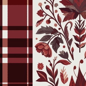 Country Elegance with stripes of plaid and delicate fruits and leaves warm browns and rost on white - jumbo scale
