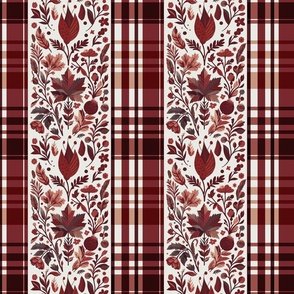 Country Elegance with stripes of plaid and delicate fruits and leaves warm browns and rost on white - medium scale
