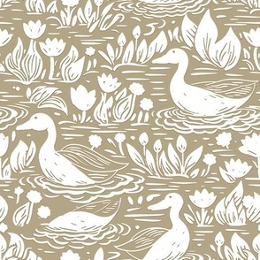 Ducks in the pond woodblock print	