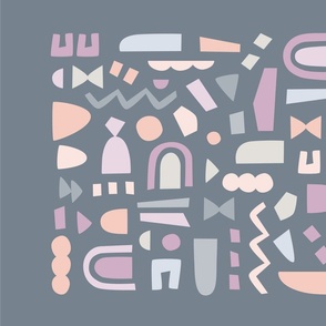 Abstract Shapes In peach, coral orange, purple, lilac, lavender, charcoal and light grey.