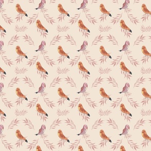 Two lovely birds in orange and pink on pink branches on a light beige color background.