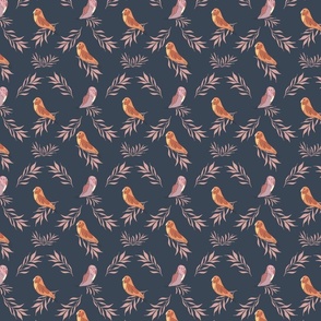 Two lovely birds in orange and pink on pink branches on a dark blue color background.