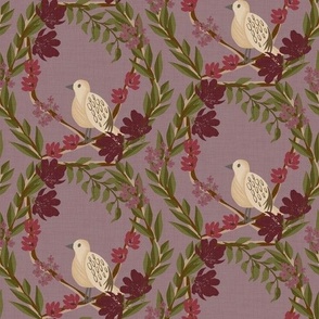 A lovely bird standing on a tree branch with lots of leaf branches in hexagon shape with red and purple flowers