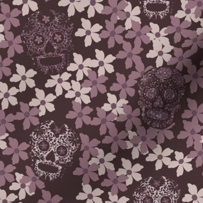 sugar skulls Hidden in a sea of blossoms shades of mauve, beige and purple - small scale