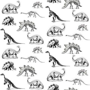 Museum Animals, Dinosaur Skeletons, Black and White, Vintage Dinos Fabric (810)