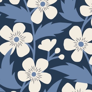Buttercup Flower Garden Blue and Cream on Navy Blue - Jumbo Scale