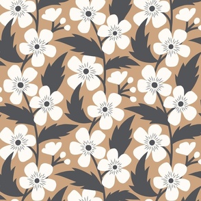Buttercup Flower Garden Charcoal Gray and Cream on Tan