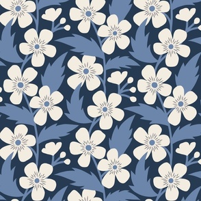 Buttercup Flower Garden, Blue and Cream on Navy Blue
