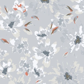Watercolor Wildflowers - Gray and Orange - Large Scale Botanical Floral Fabric