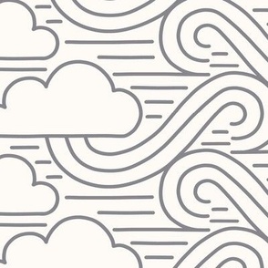 Dreamy Sky with outlined clouds and wind – charcoal gray and light ivory