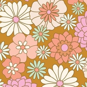 Retro Garden Floral in Gold, Large | groovy vintage pink, mint & cream illustrated flower power print on gold background